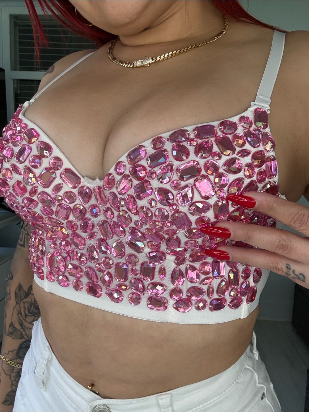 Pink Rhinestone Embellished Corset Bustier Top – White – Like New